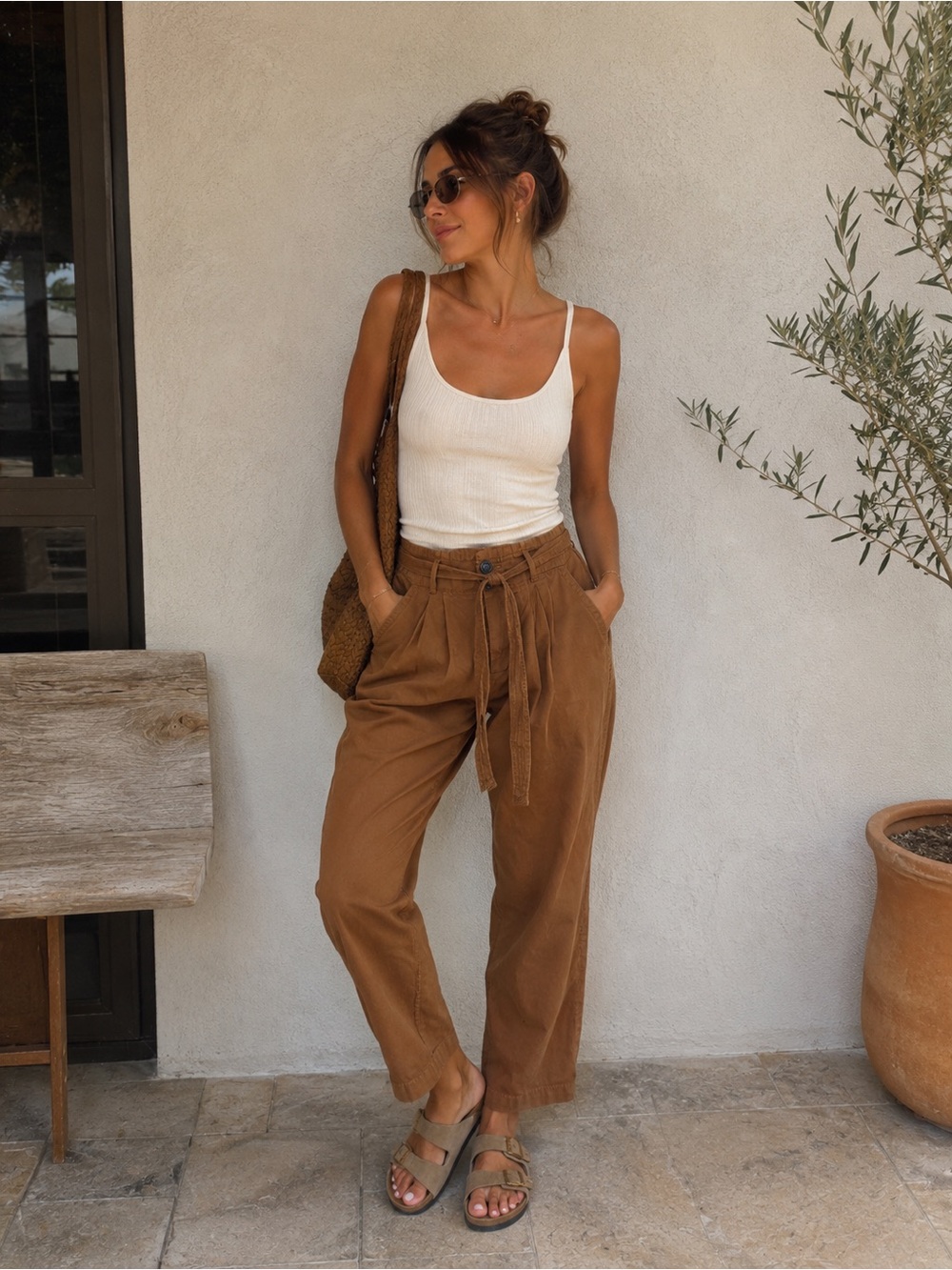 Free People High-Waist Tie Belt Trousers in Warm Brown